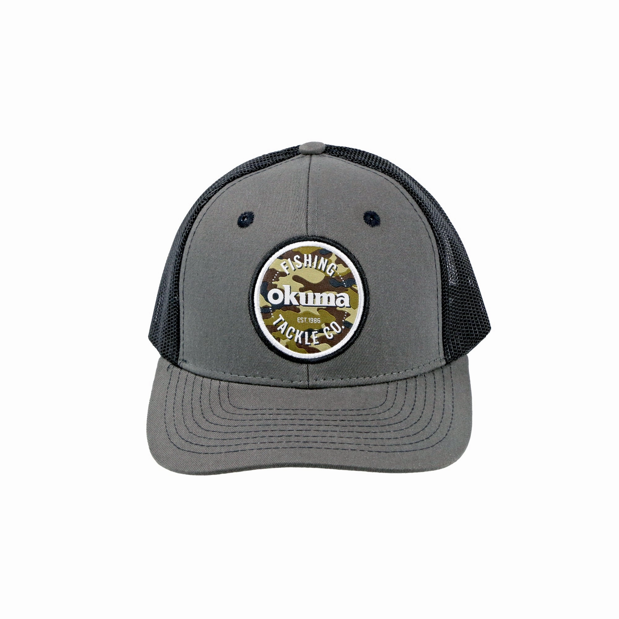 Okuma Charcoal Hat with Black Mesh & Embroidered Camo Patch